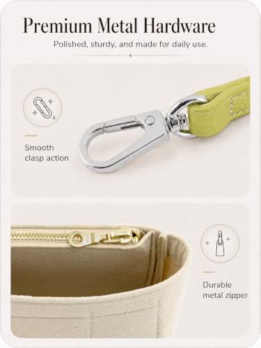 Image of Purse Organizer Insert & Leather Strap Conversion Kit Set, Compatible with Longchamp Le Pliage Mini Bag - Felt Inner Liner & Adjustable Shoulder Strap,Beige Insert & Lime Strap