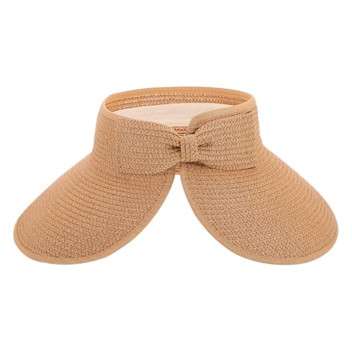 ULTECHNOVO Sombrero de Paja Khaki Visera de ala Ancha, Plegable y Compatible Coleta, para Protección Solar Playa y Días Calurosos