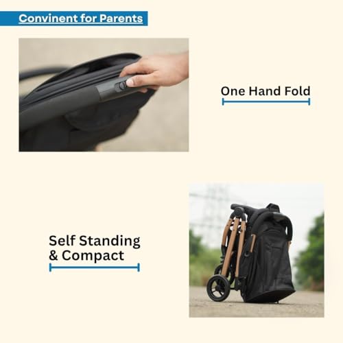 Image of Travel Mate Baby Stroller - Pre-Installed, Lightweight, Compact & Travel-Friendly | One-Hand Fold | Full Recline & 5-Point Harness | Newborn to Toddler (0-3 Yrs) | Elegant Rose Gold Frame - Black