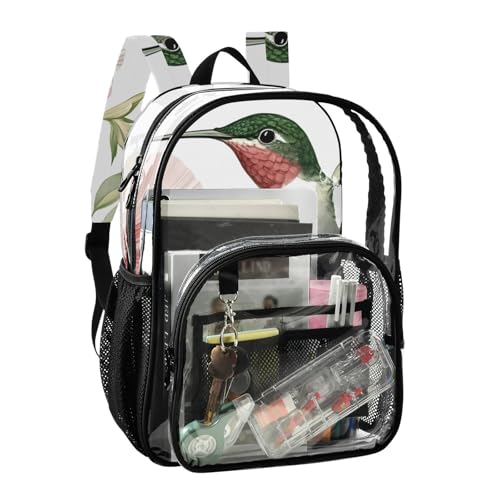 Clear Backpack Hummingbird Leaf Flower Art, PVC Transparent Bag with Large Capacity for Boys, Girls, Men, Women, See Through Bookbag for School Work College Travel2