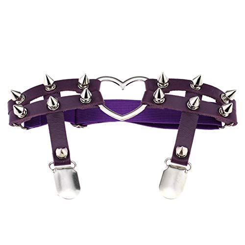 Fhony 2 Pcs Garters Leg Harness Adjustable Heart Leg Garter with Buckle Anti-Slip Clips Sexy Elasticity Punk Gothic Thigh Ring Garter with Metal Clip,Purple
