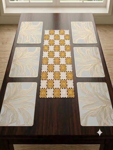 Image of Dakshya Industries PVC Waterproof Table Placemat & Table Runner Combo Set | 6 Dining Table Mats + 1 Runner | Heat Resistant, Washable, Non-Slip Table Mat Set (Smart Table)