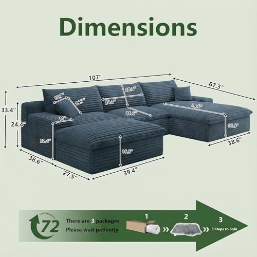 Image of 107 inch Cloud Couch Modular Sectional Sofa for Living Room, U-Shape Boneless Couch with Deep Seat, Modern Corduroy 3-Seater with Ottoman, No Assembly Required (Blue,Right-Facing Chaise)