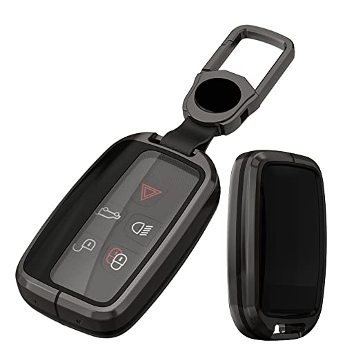 K LAKEY Alloy Metal Key Fob Cover Compatible with LR Range Rover Evoque Velar Discovery Jaguar XE XF XJ F-Pace F-Type Remote Keyless Entre Key Fob Armor TPU Key Fob Case Protector with Keychain Black