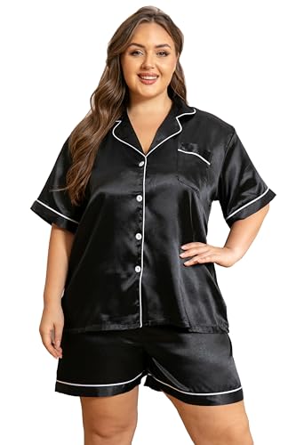 Vozanet Women's Short Sleeve Satin Pajama Sets Silky Ladies Button Down Loungewear Plus Size Nighty Shorts Sets XL to 5XL