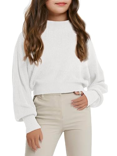Image of Haloumoning Girls Knit Pullover Sweaters Mock Neck Long Lantern Sleeve Jumper Tops 5-14 Years