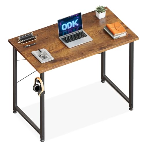 ODK Schreibtisch, Computertisch Bürotisch mit Kopfhörer Halter, Schreibtisch Klein Arbeitszimmer Holz PC Tisch Officetisch für Home, Office (Braun, 80×40cm)