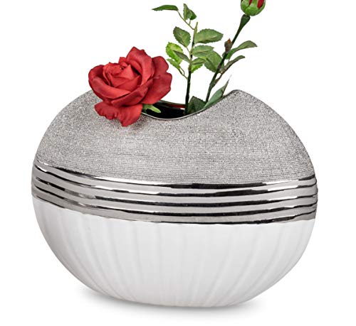 Florero Moderno Deco Jarrón de Mesa florero de cerámica Blanco/Plata 20x17 cm