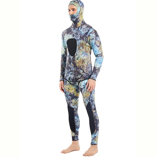 3mm Neoprene Spearfishing Wetsuit with Hooded, 2-Pieces Long Sleeve Camouflage Hunting Diving Suit with Chest Pad for Cool Water Snorkeling Freediving (Mosaic, XXX-Large)