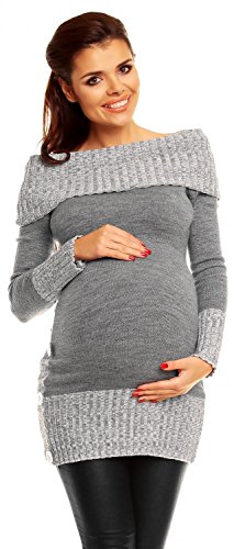 Zeta Ville Fashion Premamá Vestido de Punto Manga Larga Cuello Bardot - para Mujer 913c (Gris, 36-38, S/M)