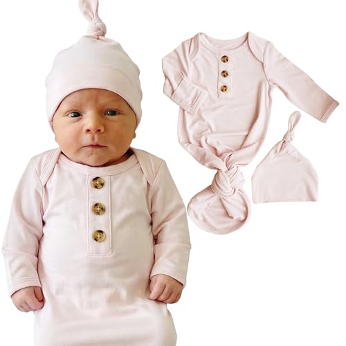 Image of Caden Lane Newborn Knotted Gown with Hat, Soft Bamboo Viscose Baby Sack, Unisex Infant Breathable Night gown Pale Pink