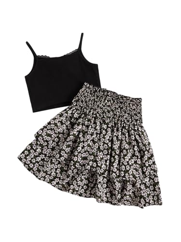 Image of RoseSeek Girl's 2 Piece Outfits Lace Ruched Camisole Tops and Shirred High Waisted Layered Floral Skirts Set