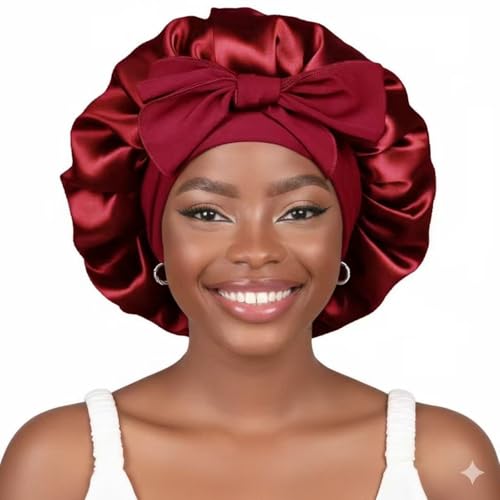 Ribbon Round hat Bow Silk Beauty Hair Care hat Women's Headscarf Sleep hat Wine Red