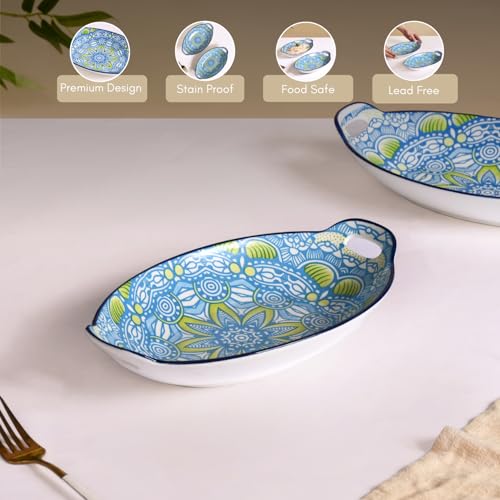 Image of Nestasia Set of 2 Blue and Green Mandala Art Ceramic Long Dish with Handles for Serving Snacks, Appetizers, Salads, and Noodles | Microwave Safe, Dishwasher Safe (10.8 Inch)
