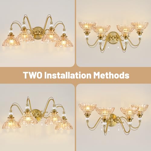 Image of Vintage Bathroom Vanity Light, 4-Light Brushed Gold Finish Wall Sconce with Hanging Crystal Accents and Flower-Shaped Amber Glass Shades, Retro Wall Mount Vanity Light Over Mirror for Bathroom