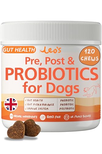 Leos (120chews) Probiotic for Dogs chews | Natural Dog Probiotic Supplements | Pro Biotics for Gut Health Dog | Pre Pro and Post Biotic dog treats | Gut Health Anal Glands Grass-Eating Itchy Ears