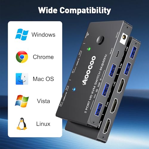 Image of HDMI2.1 KVM Switch 8K@60Hz, Single Monitor KVM Switch for 2 PC Sharing 1 Monitor with USB 3.0 Port,Wired Remote,USB3.0 Cables Included