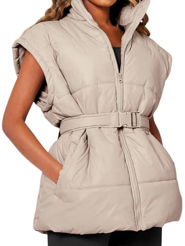 Danedvi Women's Oversized Puffer Vest Stand Collar Cap Sleeve Padded Gilet Outerwear with Belted2