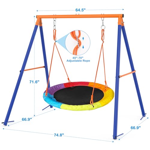 Image of GIKPAL Saucer Swing with Stand, 40 inch Round Seat and 440 lb Metal Frame | Single wide saucer swing with adjustable ropes, weather-resistant steel, 440 lb capacity, and family-size round seating.