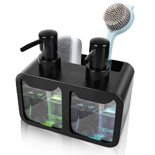 SPORWAY Distributeur de savon liquide vaisselle 350 ml Organisateur d’évier avec porte-éponge et porte-brosse