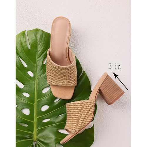 Image of Ancomafio Heeled Sandals for Women，Raffia Sandals 2026 Chunky Heels Square Toe Mules Block Summer Shoes Slip On