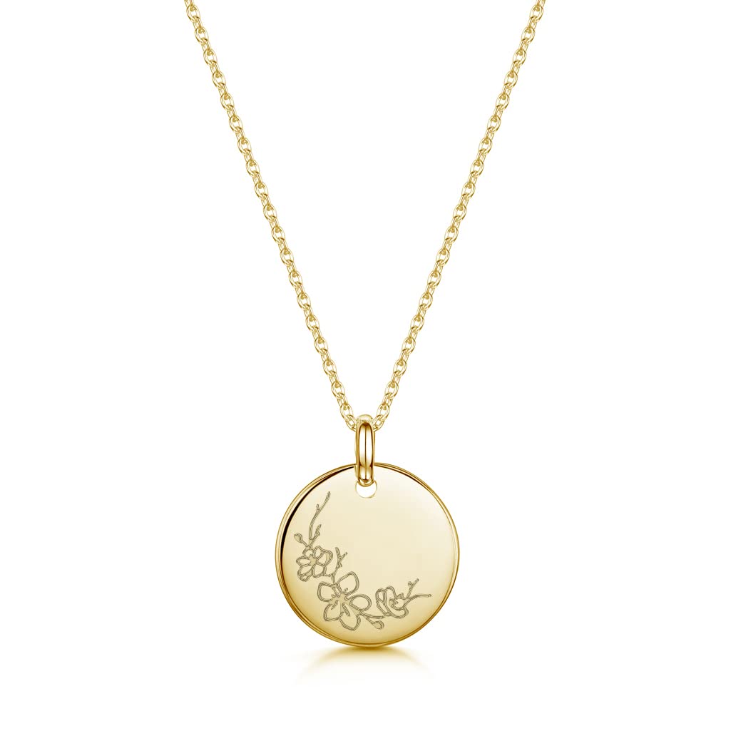 UMAGICBOX Gold Birth Flower Necklace - Personalized Birthday Mother’s Day Gift, Engraved Floral Pendant, Dainty Hand-Stamped Disc Charm Jewelry for