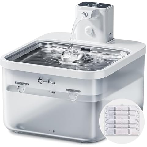 DownyPaws White Stainless Steel Cat Water Fountain Battery Operated Wireless with 6pcs Filter Replacement for 3 Months Cover