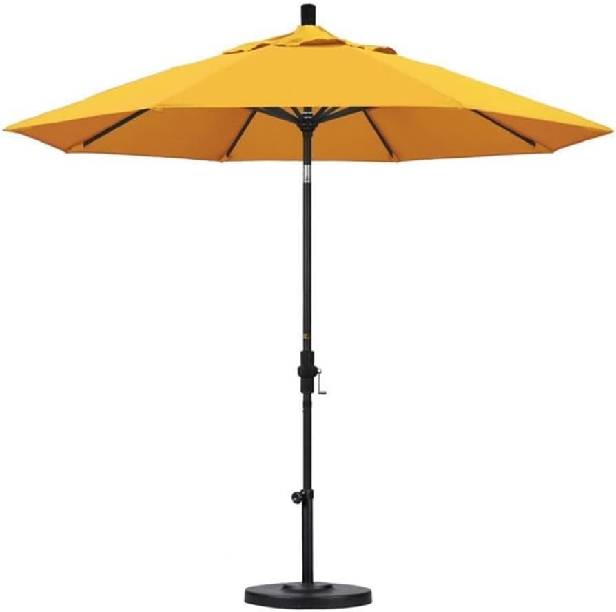 Pemberly Row 9 ft Black Patio Umbrella, Aluminum Frame, Sunflower Yellow Sunbrella Fabric, Advanced Collar Tilt, Crank-to-Open Design, Market Style Outdoor Shade for Residential Use