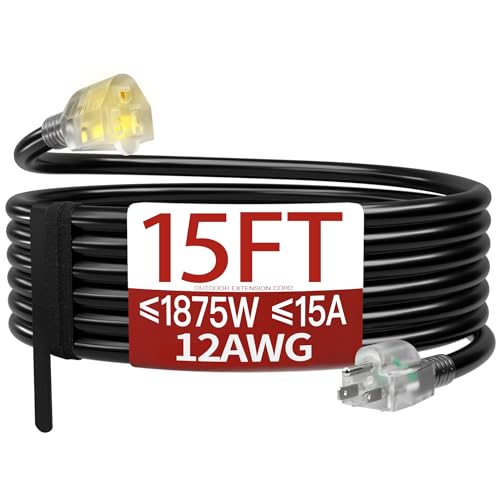 15 FT 12 Gauge Extension Cord Outdoor, Heavy Duty Weatherproof & Flame Retardant Black 3 Prong Power Cord with Light, Outside for Lawn & Garden, 15 Amps 1875 Watts 125 VAC 12AWG SJTW, ETL Listed