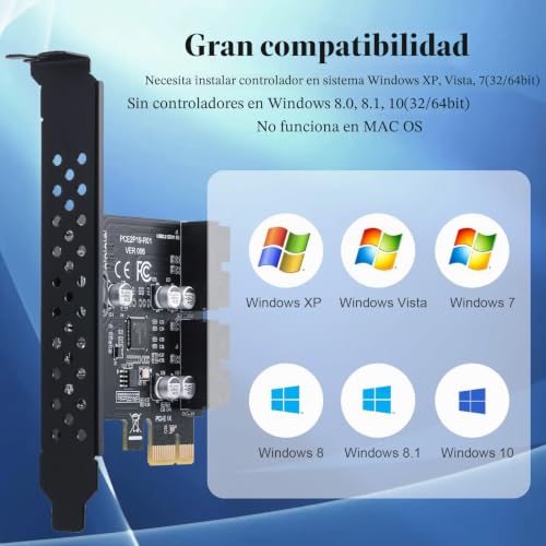Tarjeta PCIe con 2 Puertos de 19 Pines USB 3.2 Gen1 de 5Gbps para Windows 11 5