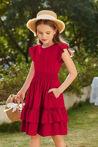Image of Arshiner Girls Dresses Flutter Sleeve A-Line Sundress Casual Summer Tiered Swing Midi Pocket Dress
