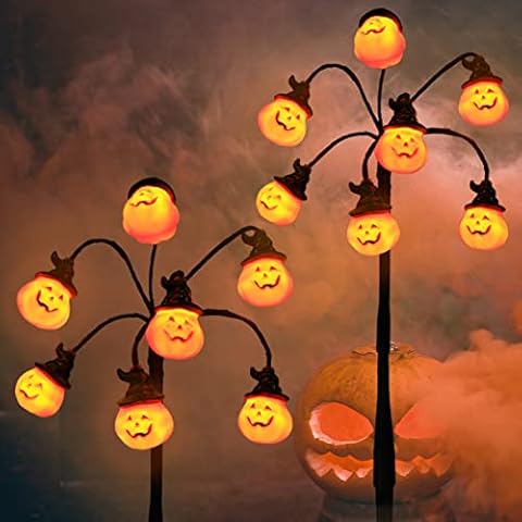 Pooqla Halloween Light up Pumpkins, 14 LED Lighted Pumpkin Stakes Battery Operated, Orange Jack-O-Lantern Light, Outdoor Halloween Pathway Lights with 14 Pumpkins for Lawn Yard Garden Decor, Pack of 2 Cover