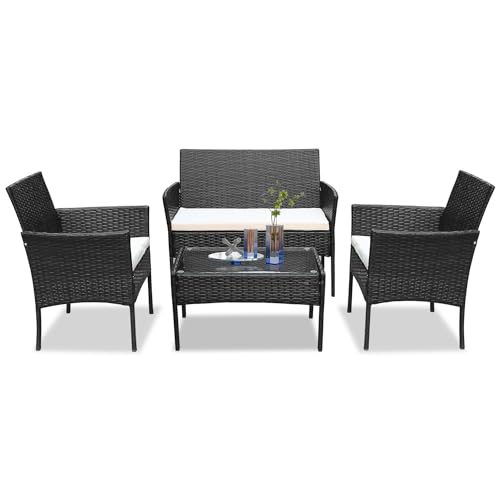 Yakimz Polyrattan Sitzgruppe Gartenmöbel Set 4 Personen mit 2er Sofa, 2 Stühle, Tisch & Sitzkissen, Schwarz Balkonmöbel Terrassenmöbel Outdoor, für Garten Terrasse