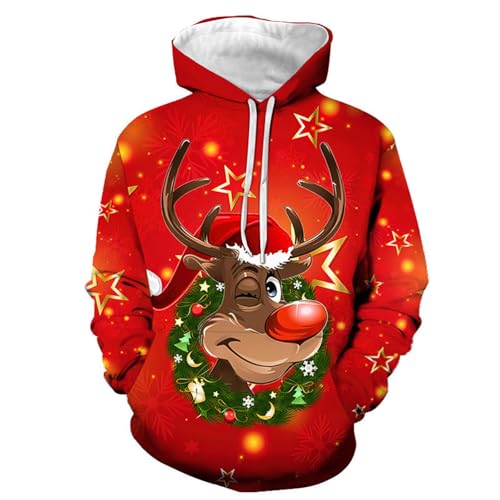 Weihnachtspullover Herren Hoodie Pullover Reindeer Weihnachtsmann 3D...