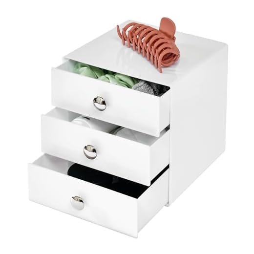 iDesign Make-Up Organizer mit 3 Schubladen, quadratische Schubladenbox aus Kunststoff, kompakter Schubladenturm für Schminke und Kosmetika, weiß, 1 Stück