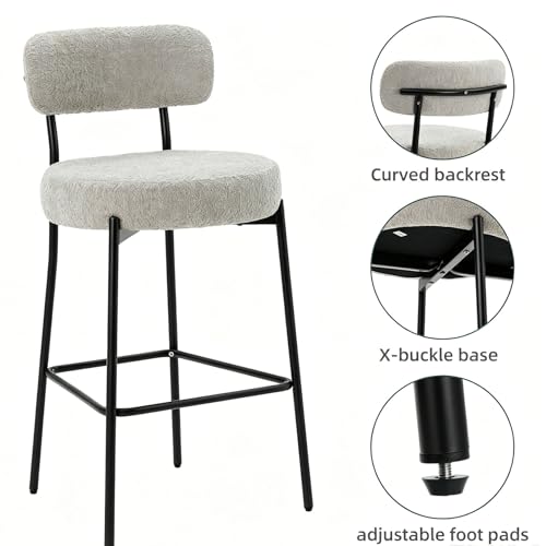 Image of Bar Stools, 30 inch Tall Bar Stools Set of 3, Boucle Upholstered Counter Height Bar Stools, Modern Bar Chairs Metal Frame with Back and Footrest for Kitchen Island,Gray Barstools