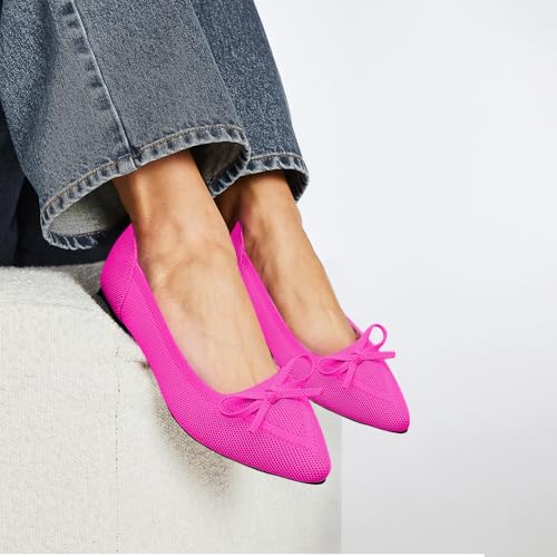 Image of TINGRISE Women's Flats Pointed Toe Bow Knit Ballet Shoes Comfortable Dressy Mesh Slip On Flat