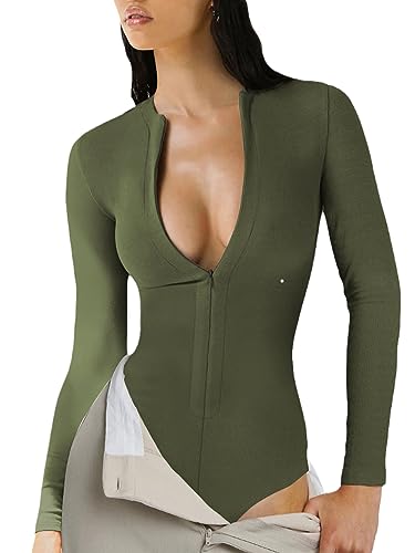 Womens Long Sleeve Zip Up Bodysuit Tops Sexy Stretchy Slim Fit
