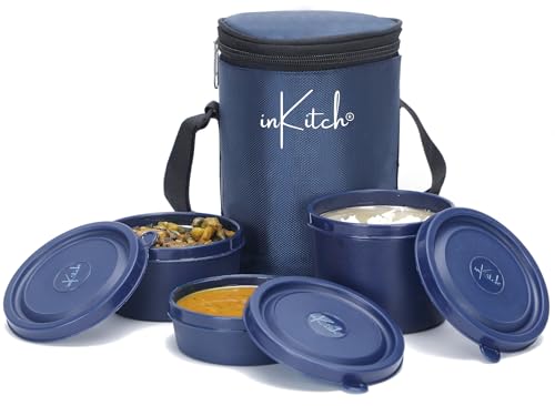 Image of Microwave Safe Lunch Box Set with Bag, 3 Containers (250 /400 /500 ml), Blue | Outer Plastic & Inner Stainless Steel Tiffin Box | Leakproof Lunch Boxes