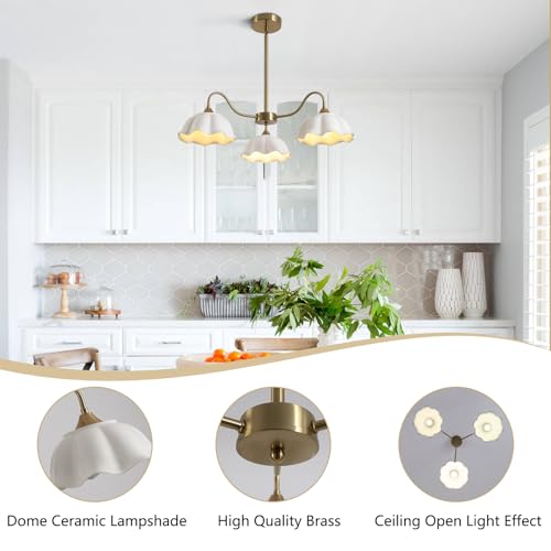 Image of Semi Flush Mount Chandelier Mid Century Modern Sputnik Chandelier with White Ceramic Shade 3-Light Gold Brass Chandelier Living Room Ceramic Ceiling Light