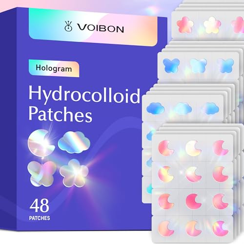 Voibon Hologram Pimple Patches for Face, Cute Hydrocolloid Acne Patches, Salicylic Acid & Tea Tree Colorful Flower Spot Stickers,Zits & Blemish, Moon Cloud Butterfly Flower Zit Patches 12MM(48 Count)