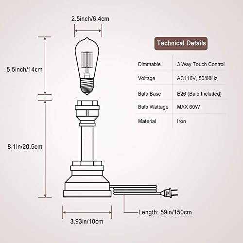Industrial Lamp, 3 Way Touch Control Dimmable Vintage Lamp With E26 St64 60W Edison Bulb Industrial Desk Lamp Water Pipe Steampunk Lamp Industrial Lamps For Bedrooms Living Room Cafe Bar House Décor #TOP5