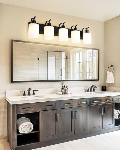 Image of 5 Light Bathroom Vanity Light, Morden Black Vanity Light Bathroom Lighting Fixtures Over Mirror Black Wall Sconces with Milky White Frosted Shade ZCVL01BKW-5