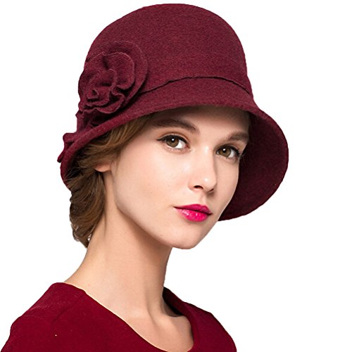 Maitose Women's Wool Felt Flowers Church Bowler Hats Wine Red