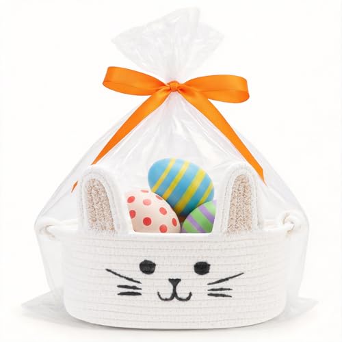 DPKOW Kleiner Hasen Osterkörbchen zum Befüllen, Geflochten Geschenkkorb Leer Osterkörbchen mit Henkel, Präsentkorb Ostergeschenke, Dekorativer Organizer, mit Geschenktüten und Schleife, 11.5X7.3X5