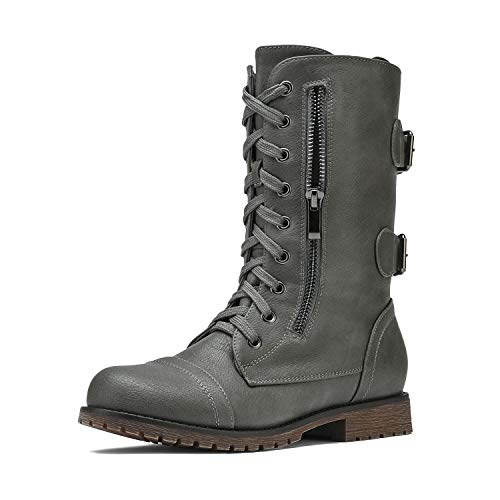 DREAM PAIRS Women's Mid Calf Built-in Wallet Pocket Lace up Military Combat Boots 11 Terran-grey