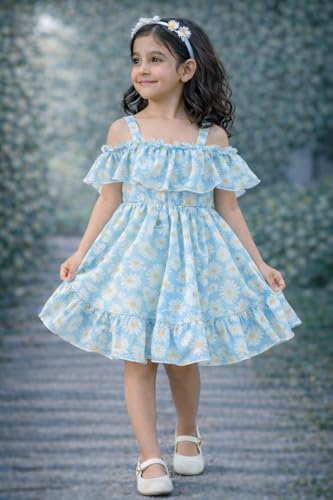 Image of Buy & Try Girls Summer Lightweight Georgette Floral Printed Frock Dress, Sleeveless Princess for Baby Girls, Stylish Fancy Kids Party & Casual Outfit