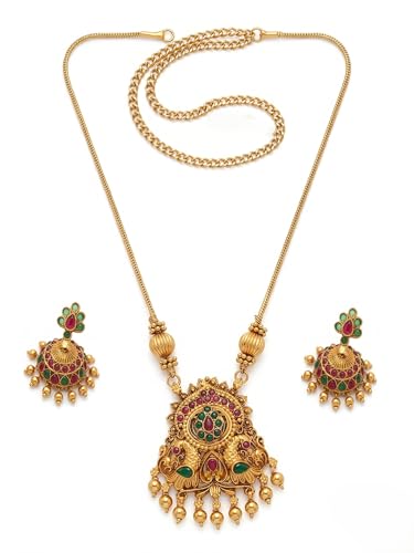 Image of Traditional Gold-Plated Lakshmi Temple Pendant Necklace Set for Women | Antique South Indian Jewelry with Jhumka Earrings | Ethnic Bridal, Wedding & Festive Jewelry Set