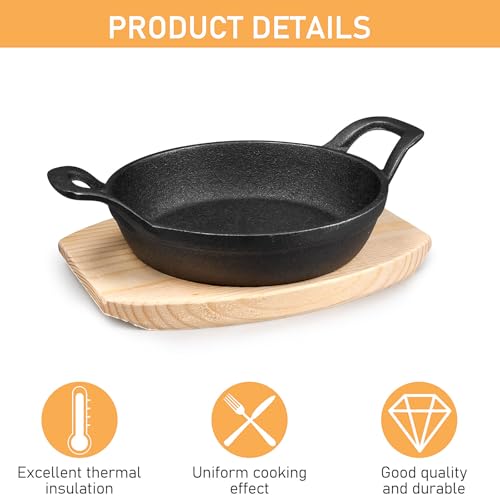 4 Sets Mini Cast Iron Skillet, Cast Iron Plates Skillet with Wooden Base, Small Round Fajita Plate Nonstick Baking Pan Sizzling Plate for Indoor and Outdoor Use (16 cm) - Image 5