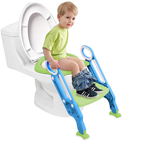 Potty Training Seat for Kids, Adjustable Toddler Toilet Potty Chair Step Potty Ladder Toilet Training Seat for Baby with Sturdy Non-Slip Step Stool Ladder, Splash Guard, Easy to Assemble (Blue&Green)